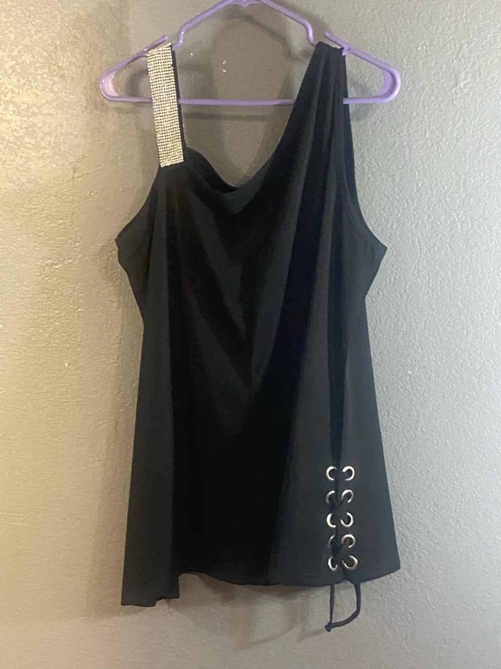 Belldini Black One-Shoulder Tank with Rhinestone Strap